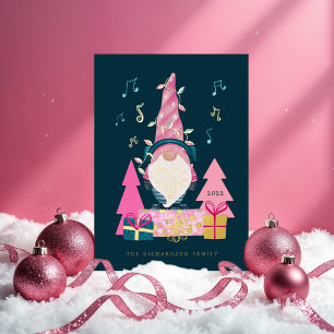 Fa La La Fun Bright Christmas Carolling Gnome Foil Holiday Card