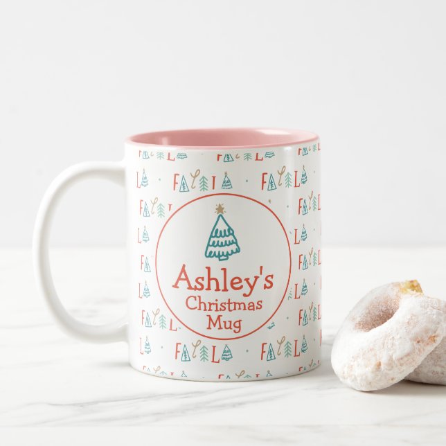Fa La La Funny Christmas Tree Personalised Gift Two-Tone Coffee Mug (With Donut)