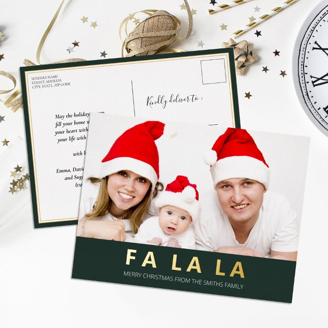 Fa La La Green Gold Modern Christmas Photo Foil Holiday Postcard (Creator Uploaded)