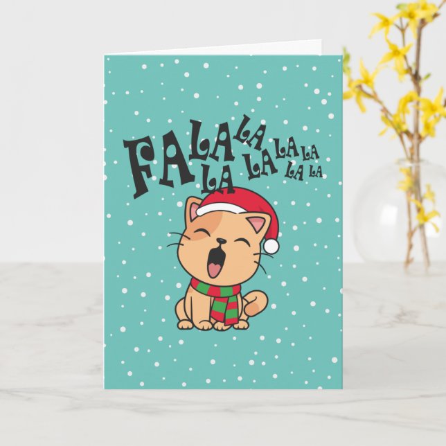 Fa La La La La Christmas Cat Singing Greeting Card (Yellow Flower)