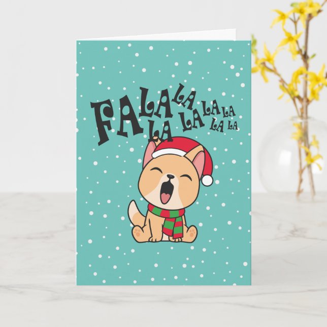 Fa La La La La Christmas Dog Singing Greeting Card (Yellow Flower)