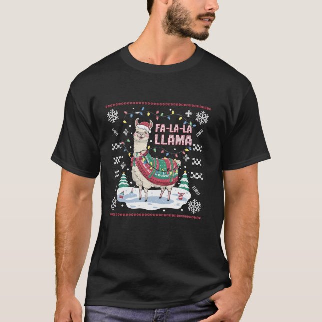 Fa La La La Llama Christmas Lights and Festive Bla T-Shirt (Front)