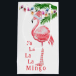 Fa La La La Mingo Pink Flamingo Beach Christmas Small Gift Bag<br><div class="desc">This Fa La La La Mingo Holiday Christmas Gift Bag features a watercolor pink flamingo dressed in a pink and white Santa hat and knee-high socks standing with colourful holiday lights with palm fronds.</div>