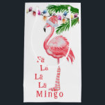 Fa La La La Mingo Pink Flamingo Beach Christmas Small Gift Bag<br><div class="desc">This Fa La La La Mingo Holiday Christmas Gift Bag features a watercolor pink flamingo dressed in a pink and white Santa hat and knee-high socks standing with colourful holiday lights with palm fronds.</div>