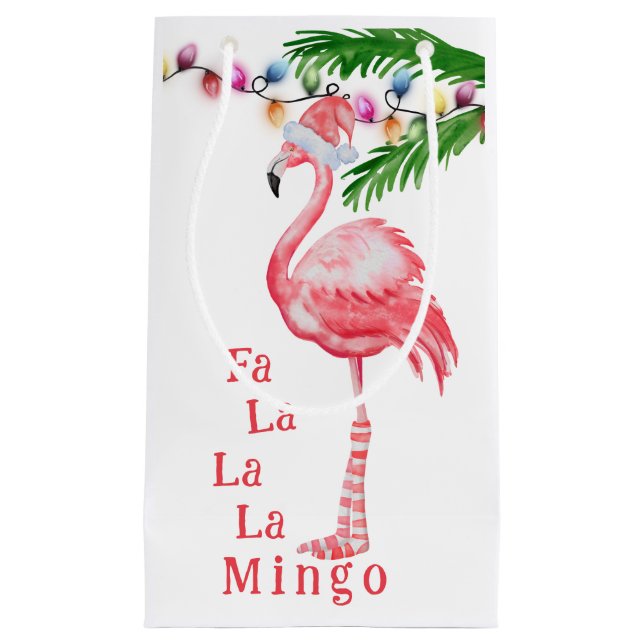 Fa La La La Mingo Pink Flamingo Beach Christmas Small Gift Bag (Front)