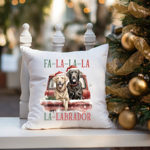 FA LA LA LABRADOR DOG RED TRUCK FURRY CHRISTMAS CUSHION