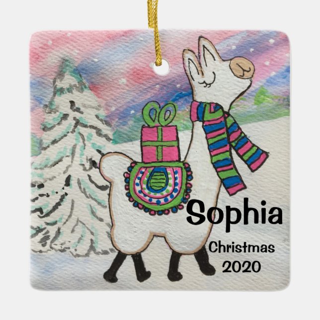 Fa La La Llama Cute Whimsical Ceramic Ornament (Front)