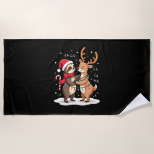 Fa La La Llama Xmas Lights Sloth Riding Llama Chri Beach Towel