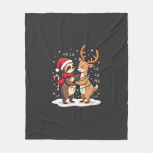Fa La La Llama Xmas Lights Sloth Riding Llama Chri Fleece Blanket