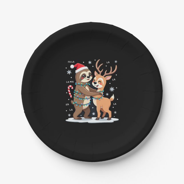 Fa La La Llama Xmas Lights Sloth Riding Llama Chri Paper Plate (Front)
