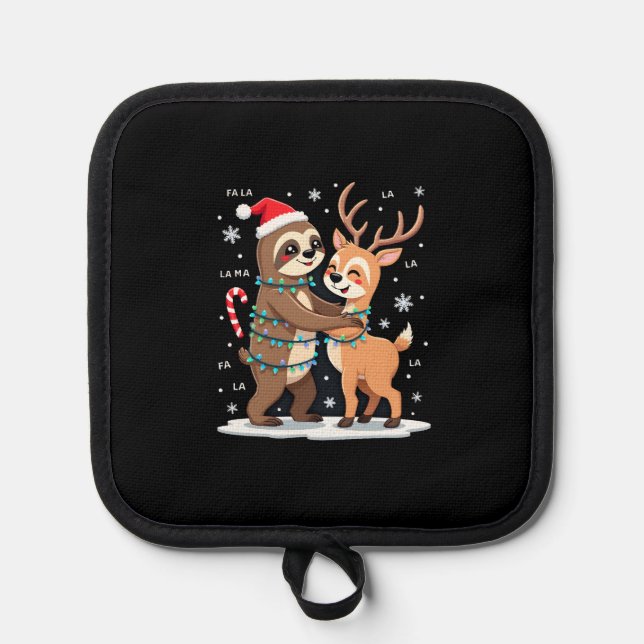 Fa La La Llama Xmas Lights Sloth Riding Llama Chri Pot Holder (Front)