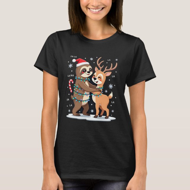 Fa La La Llama Xmas Lights Sloth Riding Llama Chri T-Shirt (Front)