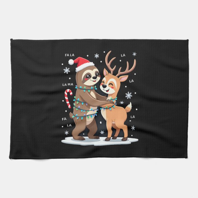 Fa La La Llama Xmas Lights Sloth Riding Llama Chri Tea Towel (Horizontal)