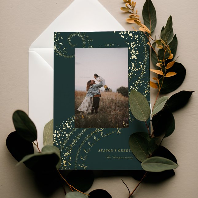 Fa La La Magical Gold Christmas Carol Song 1 Photo Foil Holiday Card (Fa La La Magical Gold Christmas Carol Song 1 Photo Foil Holiday Green Card)