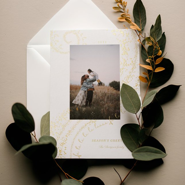 Fa La La Magical Gold Christmas Carol Song 1 Photo Foil Holiday Card (Fa La La Magical Gold Christmas Carol Song 1 Photo Foil Holiday White Card)