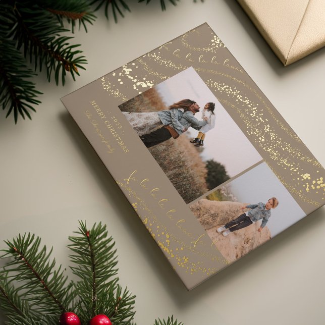 Fa La La Magical Gold Christmas Carol Two Photo Foil Holiday Card (Fa La La Magical Gold Christmas Carol Two Photo Foil Holiday Card)