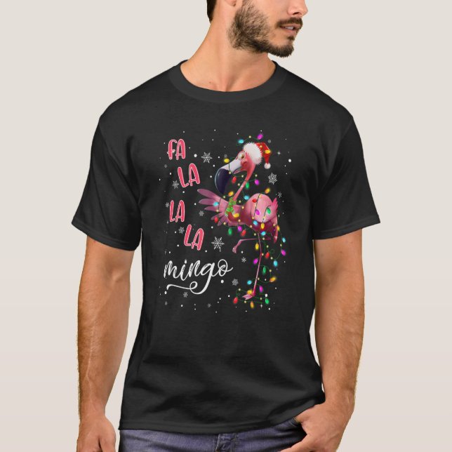 Fa la la Mingo Cute Pink Flamingo Santa Hat Merry  T-Shirt (Front)