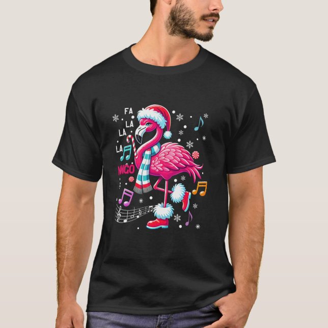 Fa La La Mingo Flamingo Candy Cane Christmas Music T-Shirt (Front)