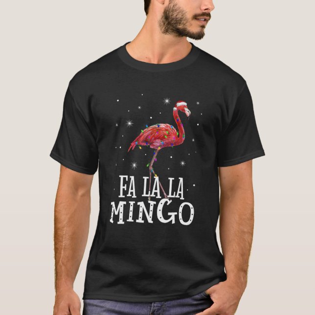 Fa La La Mingo Flamingo Christmas Tree Lights Trop T-Shirt (Front)