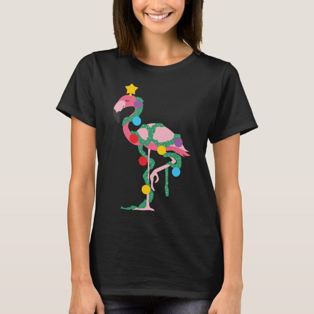 Fa La La Mingo Pink Flamingo Christmas Tree Lights T-Shirt (Front)
