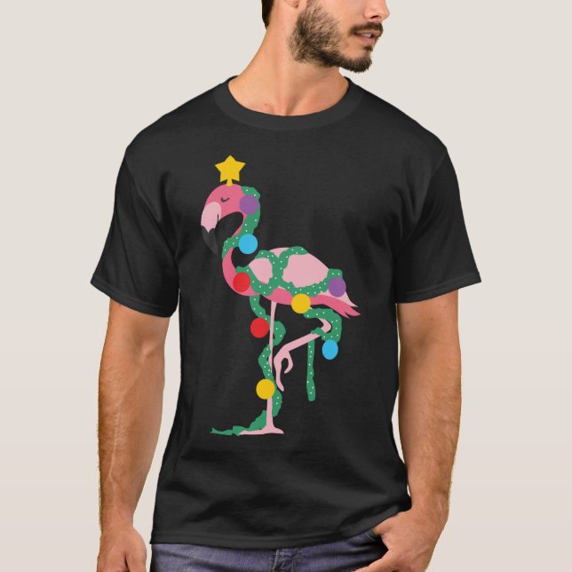 Fa La La Mingo Pink Flamingo Christmas Tree Lights T-Shirt (Front)