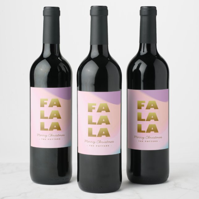 Fa La La | Pastel Pink Gradient & Gold Christmas Wine Label (Bottles)