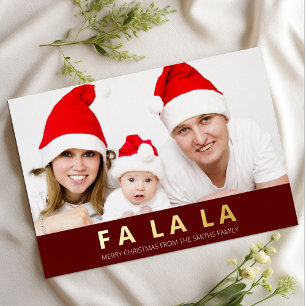 Fa La La Red Gold Modern Christmas Photo Foil Holiday Card