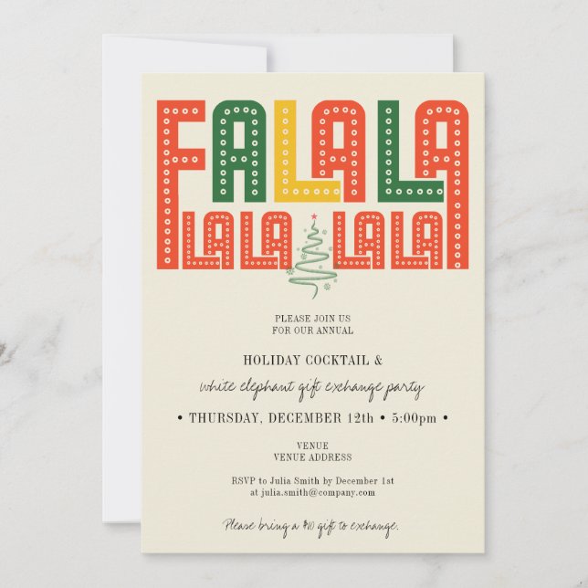 Fa La La Red Holiday Cocktail White Elephant Party Invitation (Front)