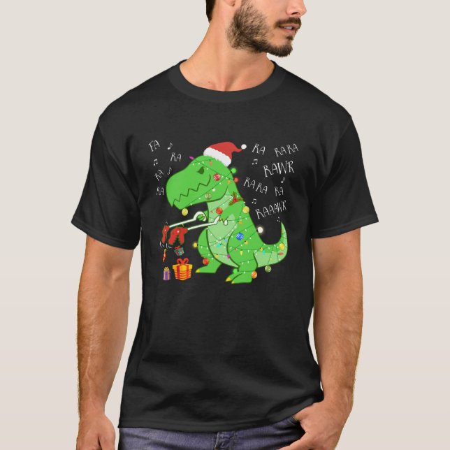 Fa Ra Ra Rawr Christmas  Dinosaur With Xmas Hat Li T-Shirt (Front)