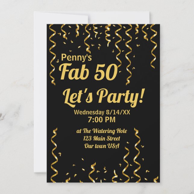 Fab 50 Black and Gold Ribbons Birthday Party   Invitation (Front)