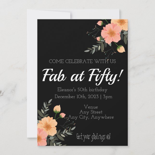 Fab at 50 birthday card. Roses on black. Editable  Invitation (Front)
