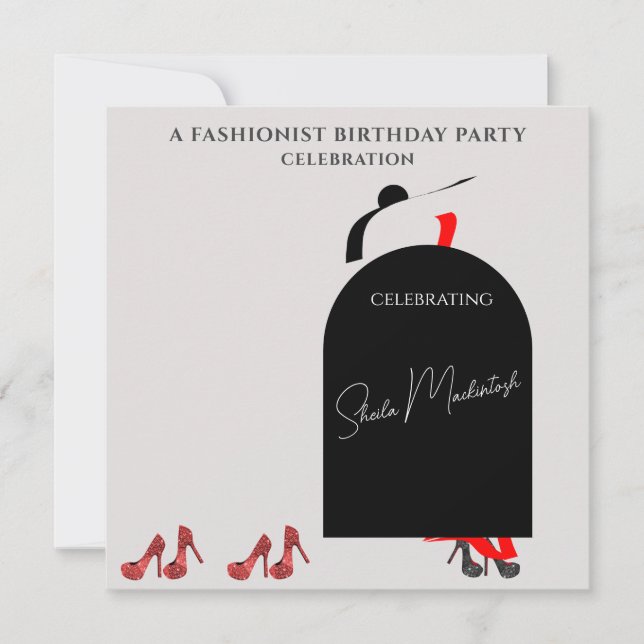 Fab Black Glam Fashionist Red Shoes Birthday Party Invitation (Front)