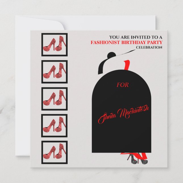 Fab Black Silhouette Glam Red Dress Shoes Birthday Invitation (Front)