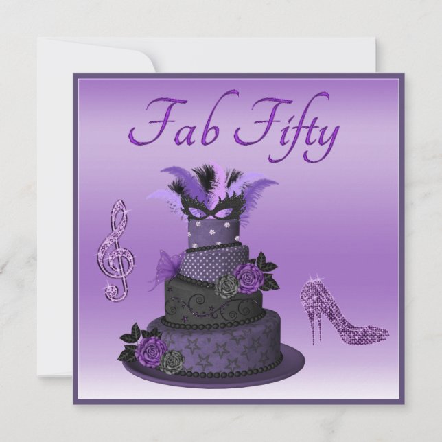 Fab Fifty Purple Diva Cake, Sparkle High Heels Invitation (Front)