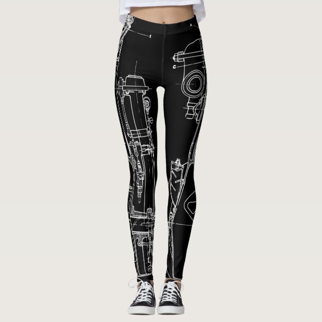 FAB MECHANICAL DRAWING BLUEPRINT BLACK WHITE LEGGINGS (Front)