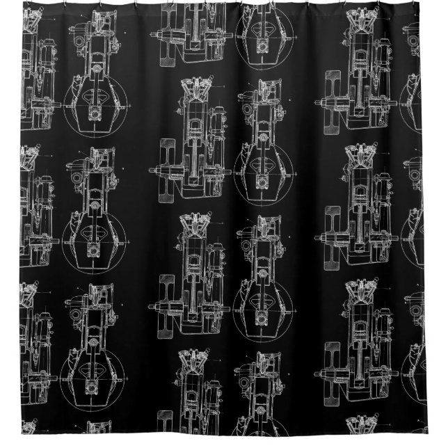 FAB MECHANICAL DRAWING BLUEPRINT BLACK WHITE SHOWER CURTAIN (Front)