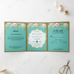 Fab Pink Floral Teal Wedding  Tri-Fold Invitation