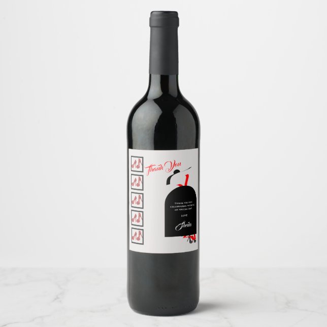 Fab Silhouette Glam Red Black Shoes Thank Birthday Wine Label (Front)