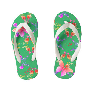 Faberge-inspired PinkRoses and Butterflies on Teal Kid's Flip Flops