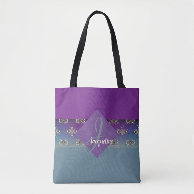 Fabergè-like Monogram Purple Blue Gradient Tote Bag (Front)