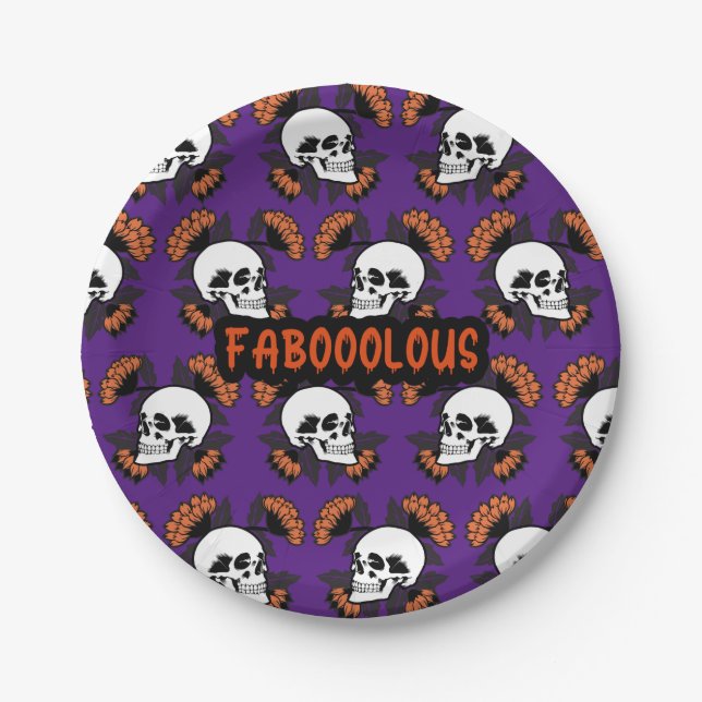 Faboolous Creepy Scary Skulls Halloween Pattern Paper Plate (Front)