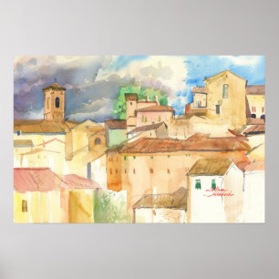Fabriano Italy Sunlit Rooftops Watercolor Poster