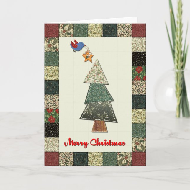 Fabric Christmas Tree and Bird Holiday Card (Front)