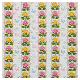 Fabric Pink & Yellow Roses Floral Pink Stripe