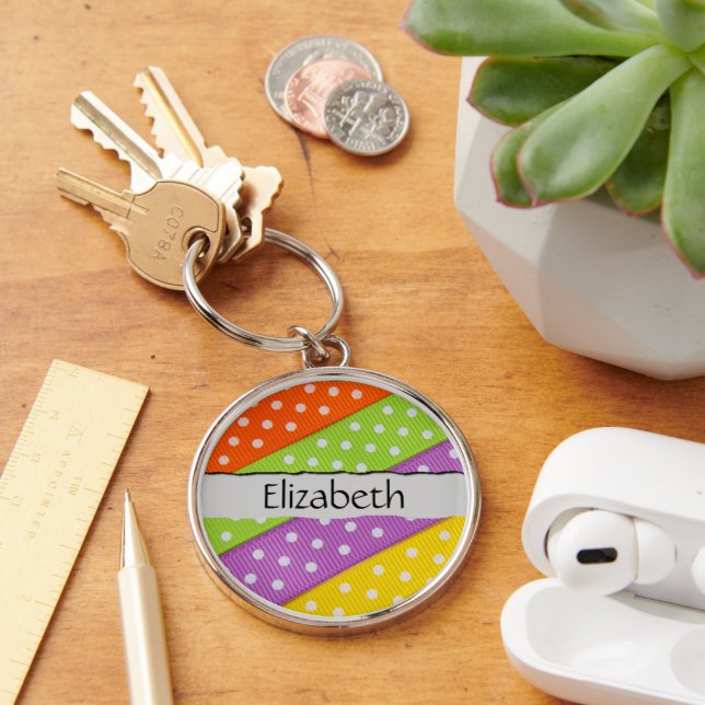 Fabric Strips, Fabric Scraps, Dots, Your Name Key Ring (Desk)