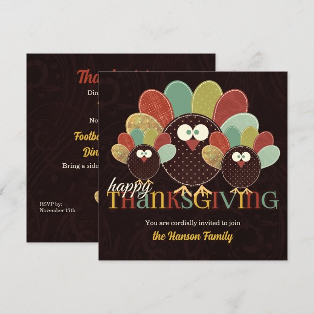 Fabric Turkey Family Thanksgiving Gathering Invitation (Front/Back)