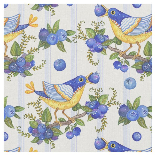 FABRIC WHIMSICAL BIRD & BLUEBERRIES STRIPE BLUE (Close Up)