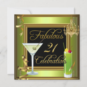 Fabulous 21 Celebration Gold Green Birthday Party Invitation