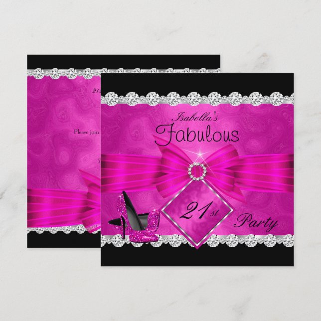 Fabulous 21 Hot Pink Black Silver Birthday Party 2 Invitation (Front/Back)