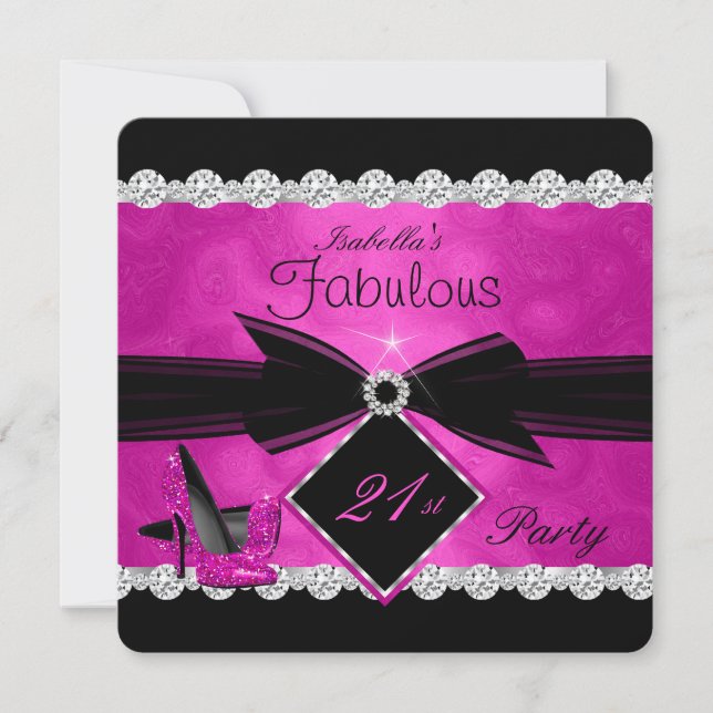 Fabulous 21 Hot Pink Black Silver Birthday Party 3 Invitation (Front)